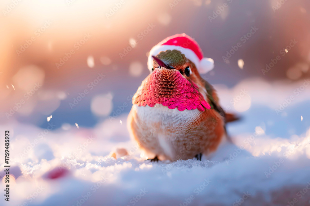 Obraz premium Christmas hummingbird with Santa hat in snow festive small bird portrait