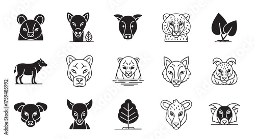 Collection of six animal icons in black and white design style