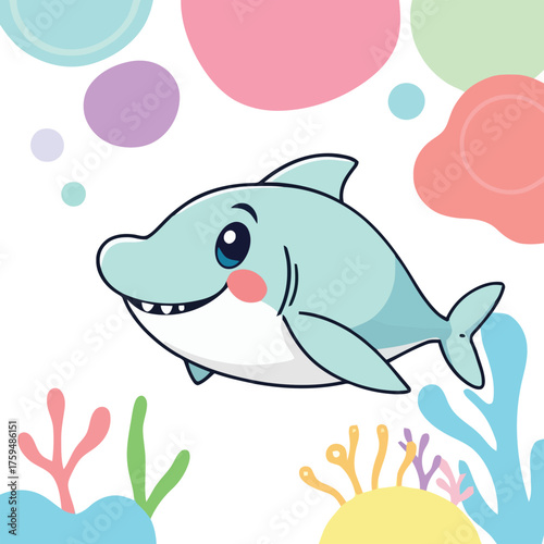 Cute Cartoon Shark with Colorful Undersea Elements