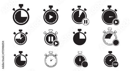 Collection of stopwatch icons in black and white design vector illustration