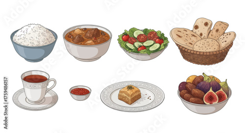 Diverse Collection of Middle Eastern and Mediterranean Food and Drink Items
