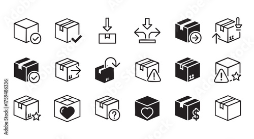 Collection of various package and delivery icons symbolizing logistics and service