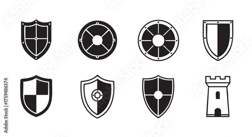 Collection of various shield vector icons representing protection and defense concepts