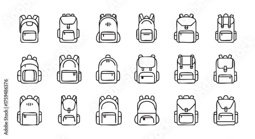 Collection of various school backpack illustrations vector line art design