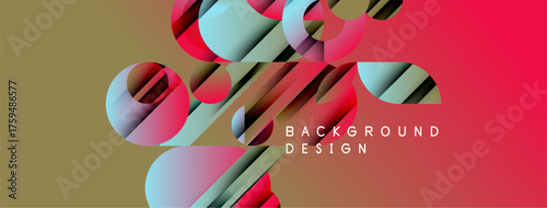 Abstract geometric shapes blend, creating dynamic background. Colors shift from gold to red, with blue accents. Modern design elements present.