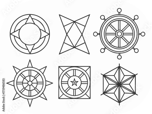 Collection of six geometric line art symbols including ship wheels and stars outline