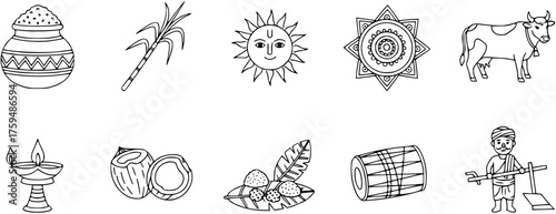 Pongal Festival Elements Vector Set. Traditional South Indian Harvest Celebration Icons and Symbols like Sun, Pot, Sugarcane, Cow, Farmer, Diya, Coconut, Drum.