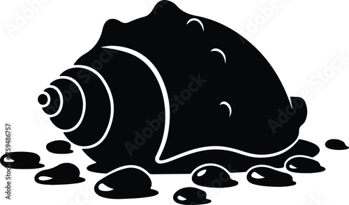 Vector seashell conch on sand monochrome stylized silhouette illustration