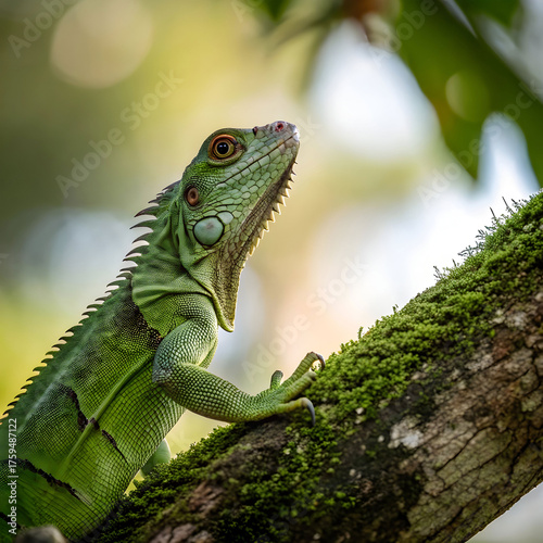 selective focus shot of iguana on the tree