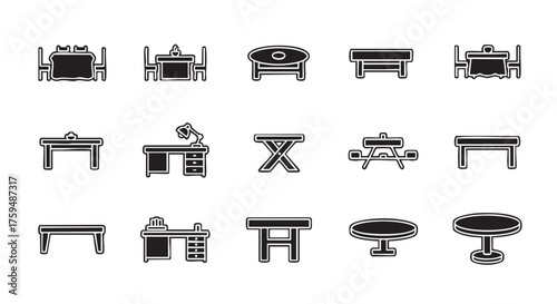 Furniture icons set featuring tables desks and dining arrangements in silhouette