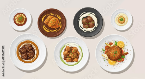 A diverse selection of delicious and colorful dishes arranged artfully on white plates, showcasing culinary variety and appeal