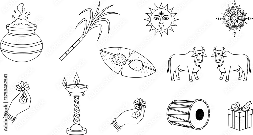 Obraz premium Indian Harvest Festival Line Art Illustration - Pongal, Makar Sankranti, and Sankranthi Traditional Symbols and Icon Set