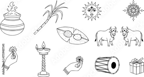 Indian Harvest Festival Line Art Illustration - Pongal, Makar Sankranti, and Sankranthi Traditional Symbols and Icon Set