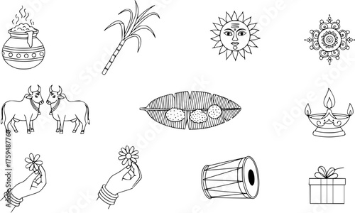 Pongal Festival Elements Set. Line art illustrations of traditional South Indian harvest celebration symbols including sun god, cattle, sugarcane, boiling pot, and cultural items.