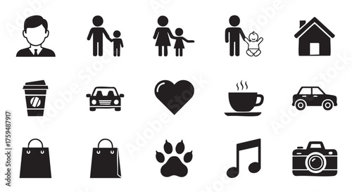 Icon set representing daily life elements in black and white vector