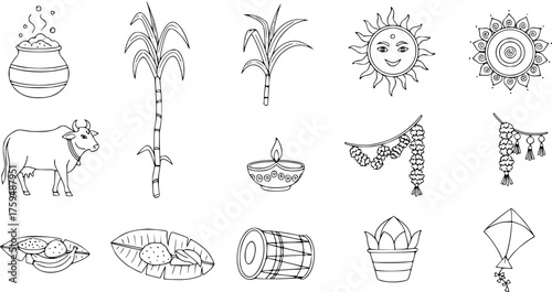 Doodle outline set of Hindu harvest festival elements: Pongal pot, sugarcane, cow, sun, diya, garlands, traditional food, drum, and kite.