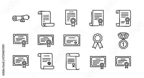 Line art diplomas and certificates icons for graduation and achievement