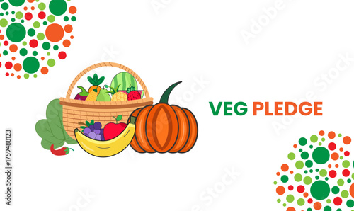 Veg Pledge Poster Banner and Background Abstract Design Template with Fresh Vegetables and Green Leaf Illustration for Healthy Eating Awareness Vegetarian Lifestyle and Nutrition Campaign