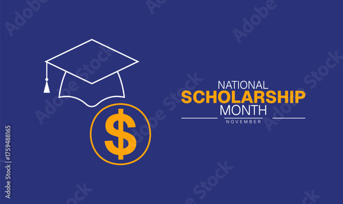 National Scholarship Month Poster Banner and Background Abstract Design Template with Graduation Cap and Diploma Illustration for Education Funding Awareness Academic Success and Student Support