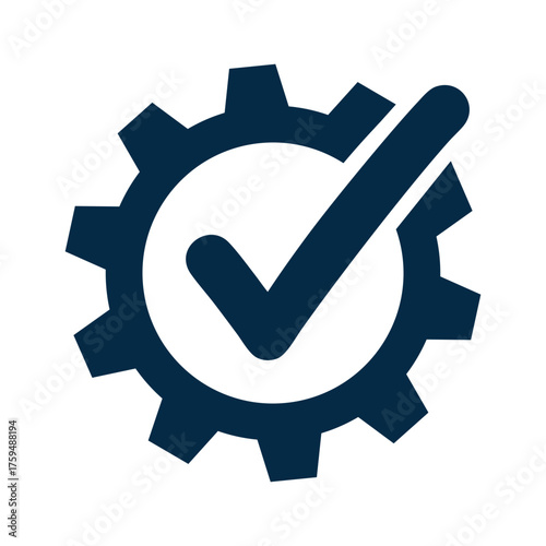 A dark blue cogwheel (gear) icon with a prominent white checkmark (tick) centered inside. This vector symbol signifies successful settings, process completion, quality assurance, system verification
