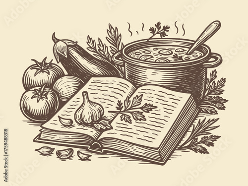 cookbook and vegetables engraving kitchen illustration vector