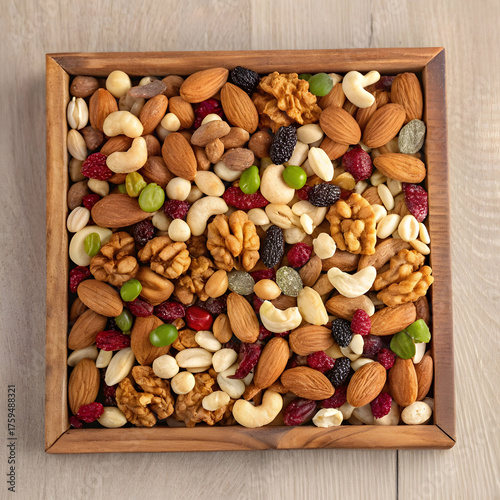 top view of nuts mix and almond on a wooden tray