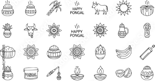 Pongal Festival Elements Doodle Line Art Icons Set. Happy Pongal Traditional Symbols.