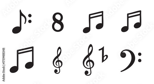 Music notes and symbols black and white vector graphic illustration design