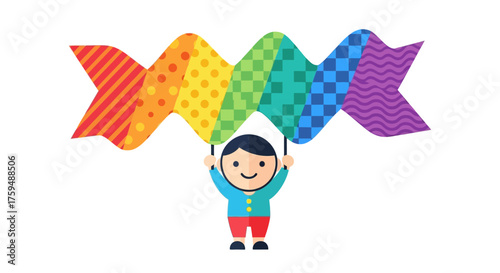 Cheerful cartoon character holding aloft a vibrant patterned rainbow banner with pride and joy