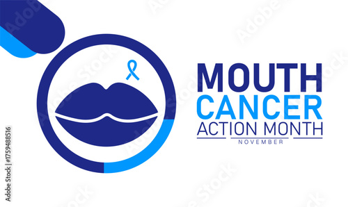 Mouth Cancer Action Month Poster Banner and Background Abstract Design Template with Blue Ribbon and Mouth Illustration for Oral Health Awareness Medical Prevention and Dental Care Campaign