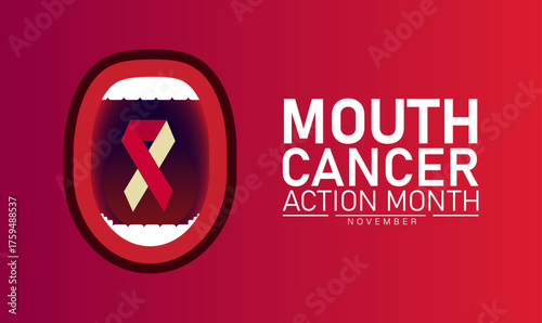 Mouth Cancer Action Month Poster Banner and Background Abstract Design Template with Blue Ribbon and Mouth Illustration for Oral Health Awareness Medical Prevention and Dental Care Campaign