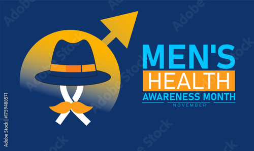 November Mens Health Awareness Month Poster Banner and Background Abstract Design Template with Mustache Ribbon and Male Silhouette Illustration for Prostate Cancer Prevention and Health Support Campa