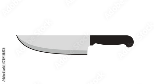 Butcher knife illustration with black handle and shiny silver blade on white background