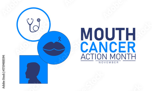 Mouth Cancer Action Month Poster Banner and Background Abstract Design Template with Blue Ribbon and Mouth Illustration for Oral Health Awareness Medical Prevention and Dental Care Campaign
