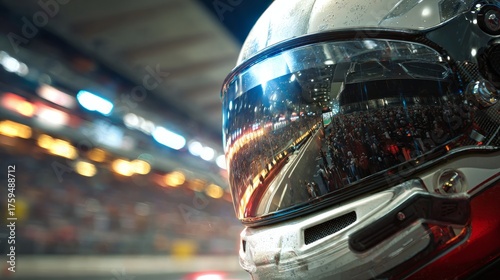 Close-up of a futuristic racing helmet, cinematic style

