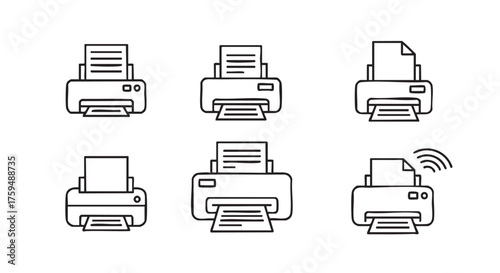 Printer icon set for printing documents and office stationery supplies