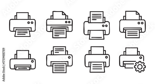 Printer icons set minimal black and white office equipment illustration