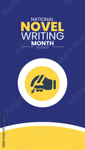 National Novel Writing Month Poster Banner and Background Abstract Design Template with Open Book Pen and Paper Illustration for Creative Writing Awareness Literature Education for mobile responsive