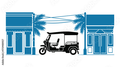 A tuk tuk between two buildings with palm trees and power lines in a black and blue illustration