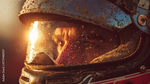 Close-up of a futuristic racing helmet, cinematic style