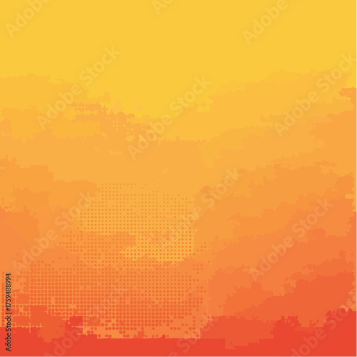 Abstract colorful background with halftone gradient and grunge texture. Hand drawn yellow and red dotted texture, square pixel dot cartoon background.