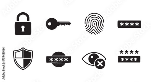 Security elements lock key shield and password vector graphic illustration