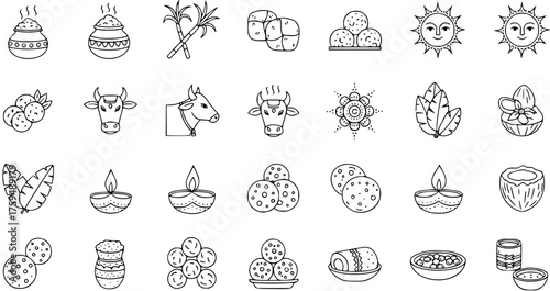 Indian Harvest Festival Icons Set: Pongal, Makar Sankranti, Lohri, Diwali Symbols featuring Sugarcane, Sun, Cow, Pot, Ladoo, Diya, Coconut.