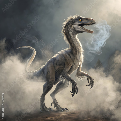 velociraptor dinosaur on smoke background