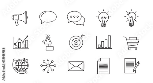 Set of business and communication icons in outline style vector illustration