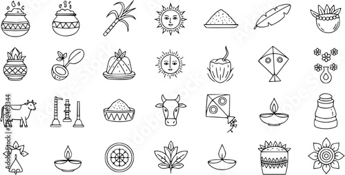 Hindu Harvest Festival Line Art Icons Set. Collection of Traditional Indian Celebration Symbols: Pongal Pot, Sun, Cow, Sugarcane, Kite, Diya, Rice, Kalash.
