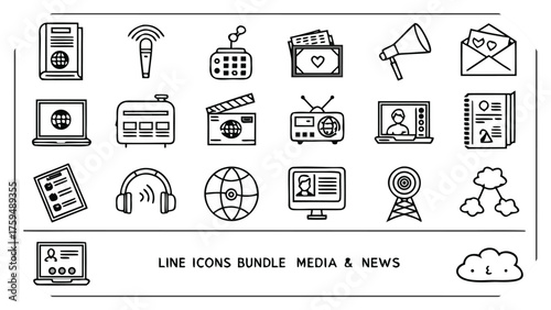 Line icons bundle for media and news with communication and technology elements information