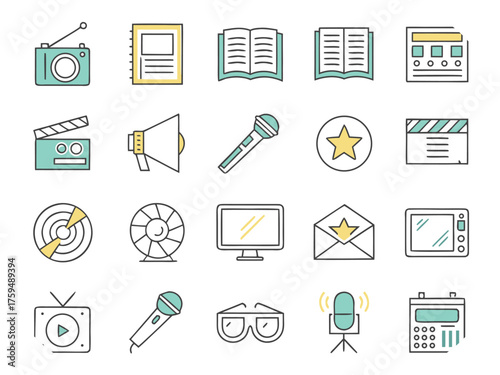 Media And Entertainment Icons With Camera TV Microphone And Books In Teal communication technology