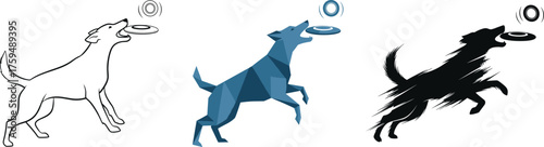 Dog catching frisbee silhouette set isolated on white background, playful pet action vector, geometric and brush style illustration design
