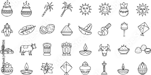 Pongal Harvest Festival Icons. Indian Traditional Celebration Symbols. Line Art Collection with Sugarcane, Sun, Rice Pot, Cow, Coconut, Diya, Kite, and Banana Leaf Vector Set.